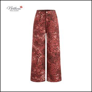 Denim Wide Leg Pants Mid Waist Leopard Print Cotton Casual Festival Wear